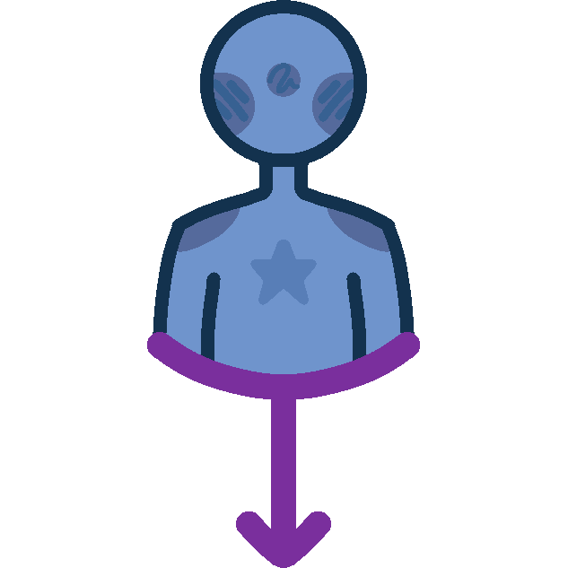 A nondescript blue person with a star on their chest is positioned above a downward-pointing purple arrow, which has a upward curving base which the body sits inside of.